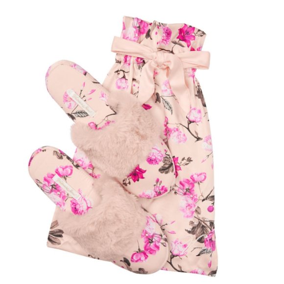 New Victoria's Secret Pink Floral Satin Faux Fur Slippers + Dust Bag Sz M 7/8 - Picture 1 of 5